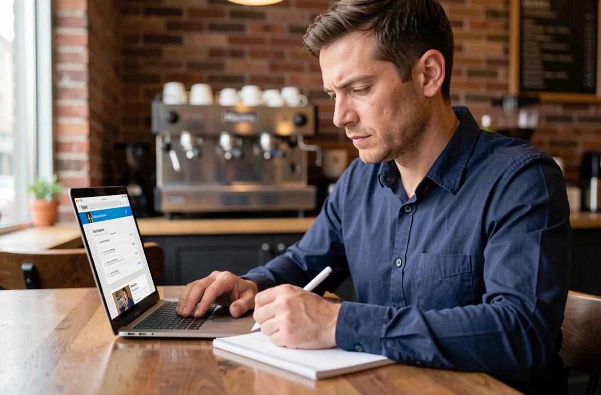 Personne vérifiant une annonce d'iPhone en ligne dans un café avec précaution pour éviter les erreurs d'achat