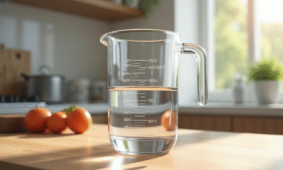 Verre mesureur d'eau sur plan de travail en bois