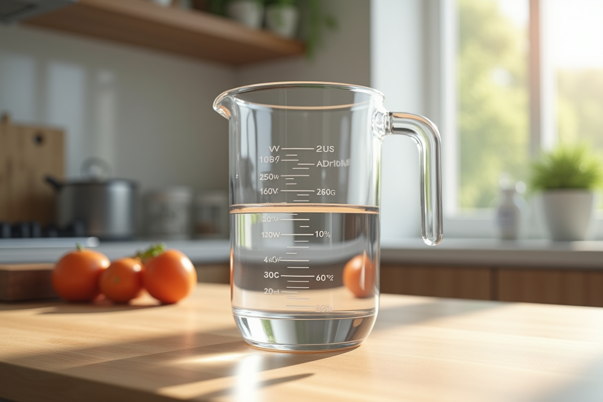 Verre mesureur d'eau sur plan de travail en bois