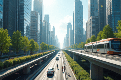 Ville futuriste en 2050 avec véhicules autonomes et gratte-ciel écologiques