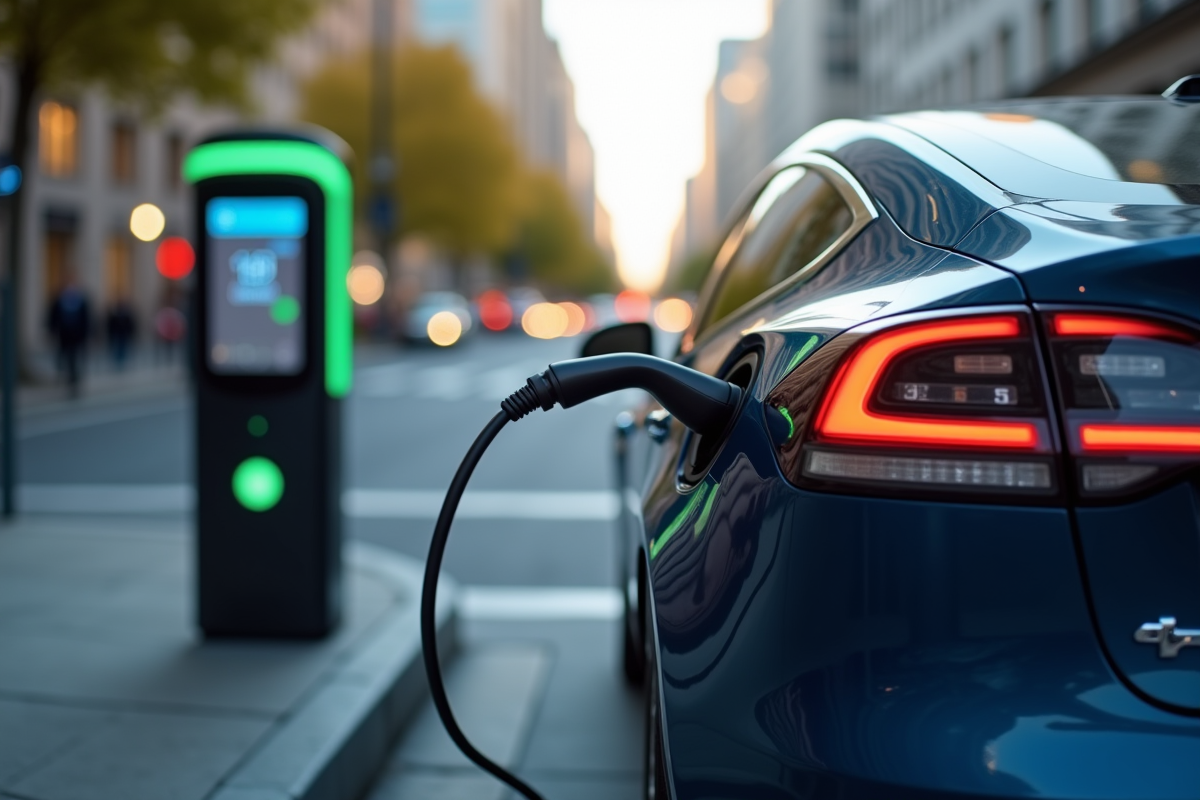 Voiture électrique en charge dans une ville en journée