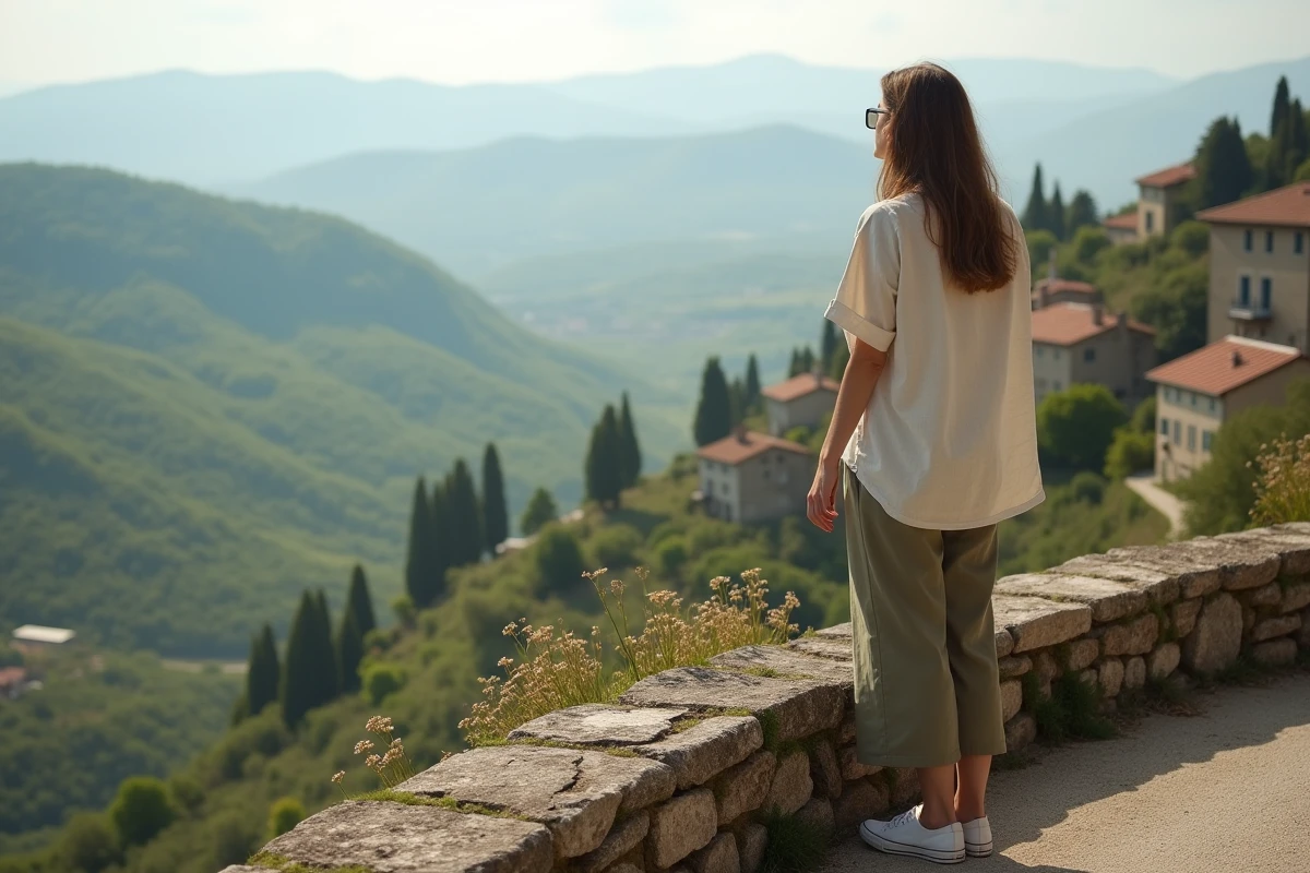 Voyageuse solitaire contemplant un panorama de village français lors d'un week-end de jour férié en mai