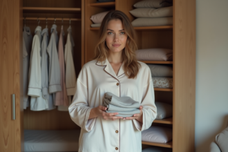 Femme en pyjama organisée dans sa penderie cosy