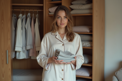 Femme en pyjama organisée dans sa penderie cosy