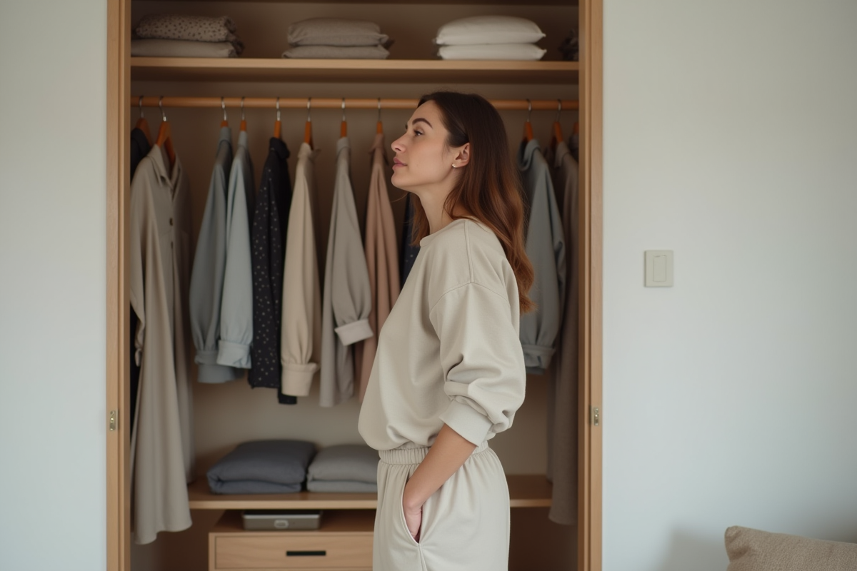 Femme devant une garde-robe organisée dans une chambre moderne
