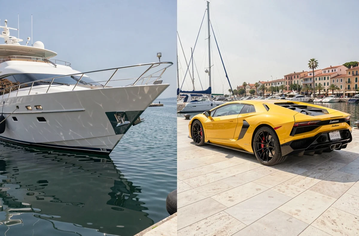 Yacht privé et Lamborghini jaune côte à côte sur un quai privé dans le sud de la France, illustration du luxe ostentatoire et de la réussite controversée